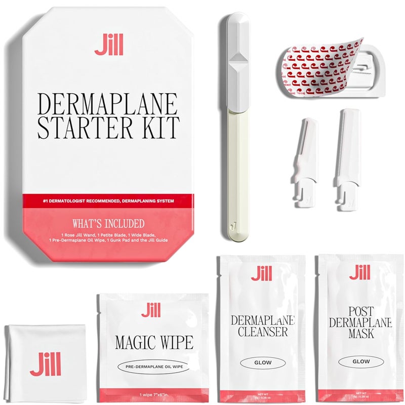 Jill Dermaplane Starter Kit for Women in Cream – Facial Razor & Exfoliating Blade Set with Pre-Shave Magic Wipe, Gentle Skin Cleanser, Glow Moisturizer & 2 Disposable Dermaplane Blades - Image 1
